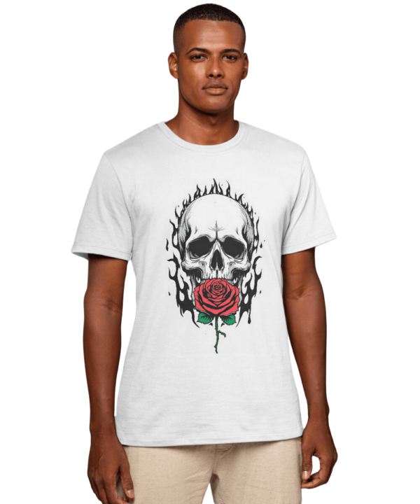 Skull with Rose T-Shirt - Gothic Flame Art Design